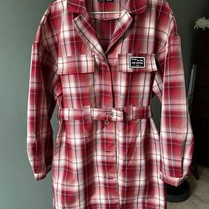 SHEIN Red and White Trench Coat Classic Plaid